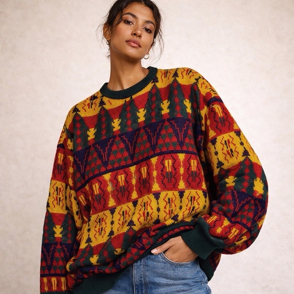 Vintage Carolina colors chunky grandpa sweater fair isle cottage plus size 20W